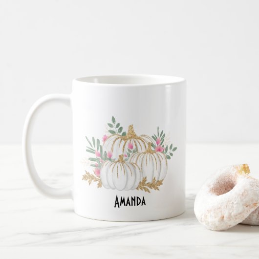 Weiße und goldene Pumpkins Wasserfarbe Kaffeetasse (Mit Donut)