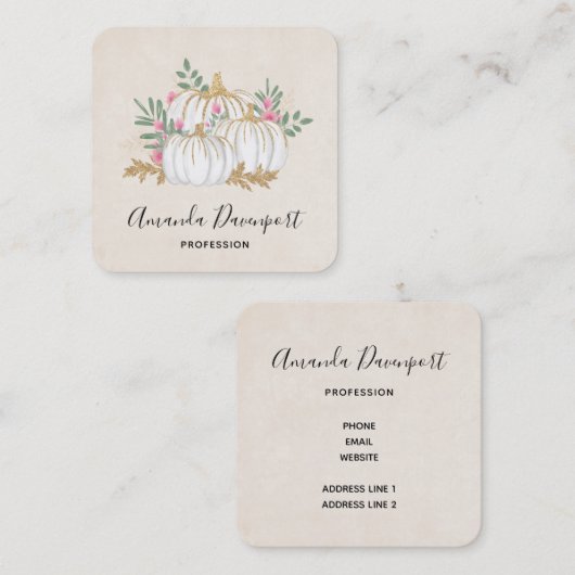 Weiße und goldene Pumpkins Wasserfarbe Quadratische Visitenkarte (Vorne/Hinten)