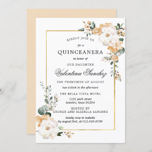 Weiße und goldene Rose Blumenquinceanera Einladung