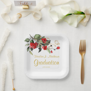 Weiße und goldene rote Blumengratulationsparty Pappteller