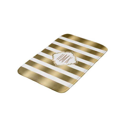 Weiße und goldene Streifen, monogramiert Badematte (Schrägansicht)