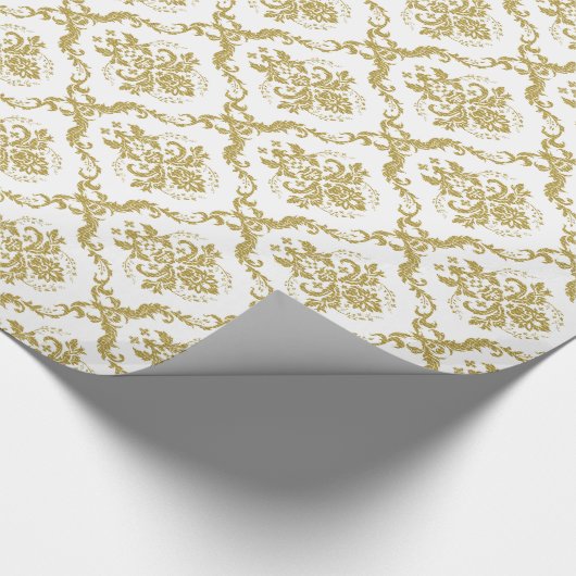 Weiße und goldfarbene Damaskus-Schnürmuster Geschenkpapier (Ecke)