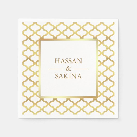 Weiße und goldmarokkanische Quatrefolienhochzeit Serviette (Vorderseite)