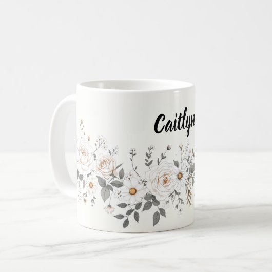 Weiße und graue Blumengrenze Kaffeetasse (Vorderseite Links)