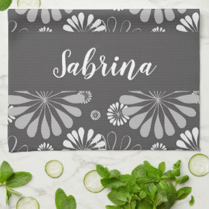 Weiße und graue Blumenmuster Geschirrtuch