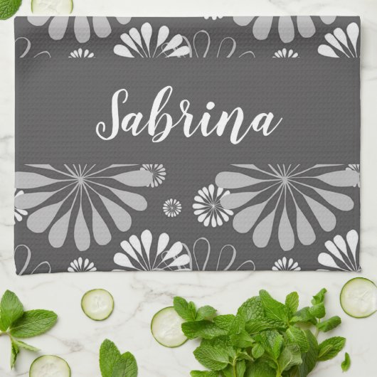 Weiße und graue Blumenmuster Geschirrtuch (Gefaltet)