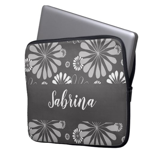 Weiße und graue Blumenmuster Laptopschutzhülle (Vorderseite Links)