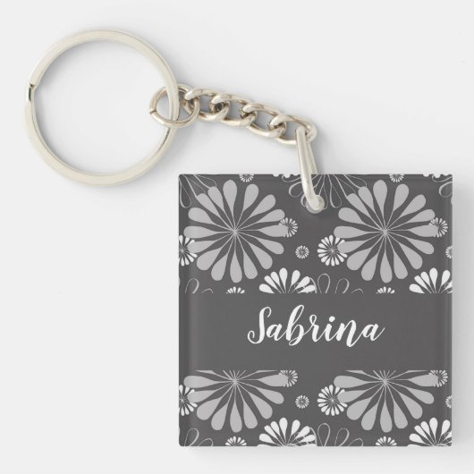 Weiße und graue Blumenmuster Schlüsselanhänger (Vorderseite)