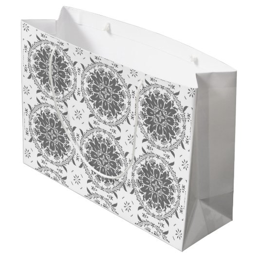 Weiße und graue Folklore Große Geschenktüte (Rückseite Schrägansicht)