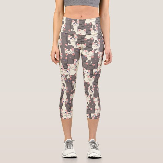 Weiße und graue Katzen Capri Leggings (Vorderseite)