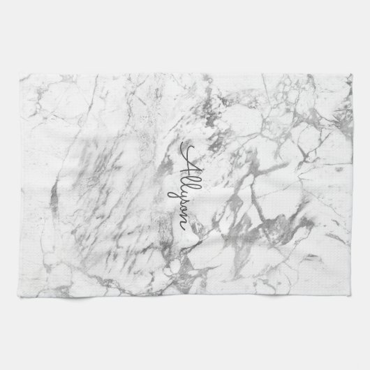 Weiße und graue Marmorplatte DIY Dunkelgrauer Name Geschirrtuch (Horizontal)