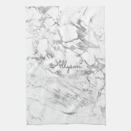 Weiße und graue Marmorplatte DIY Dunkelgrauer Name Geschirrtuch (Vertikal)