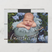 Weiße und graue Script-Kalligrafie Collage Birth  Ankündigungspostkarte (Vorne/Hinten)