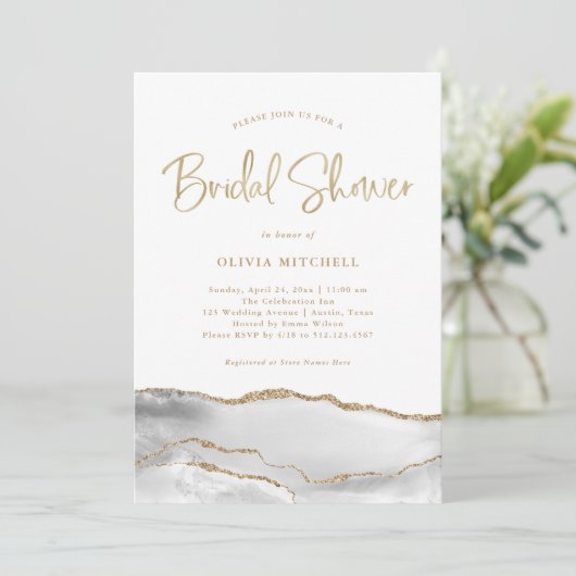 Weiße und graue Tore mit Gold | Brautparty Einladung (Stehend Vorderseite)