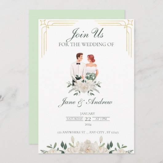 Weiße und grüne Boho-Blumenhochzeit Einladung (Vorne/Hinten)