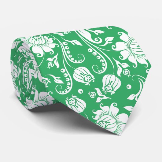 Weiße und grüne Damaskus Muster Neck Tie Krawatte (Gerollt)