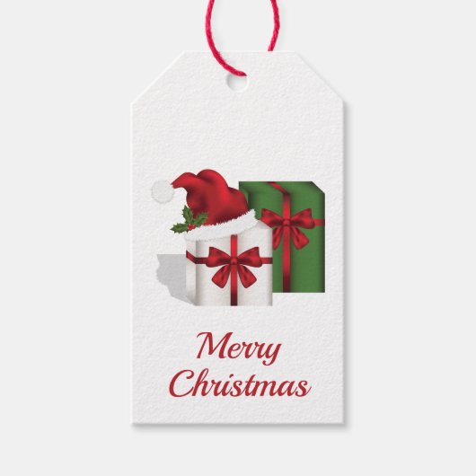 Weiße und grüne Geschenkboxen mit Weihnachtsmannmü Geschenkanhänger (Vorderseite)