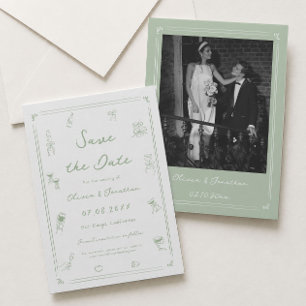Weiße und grüne handgezeichnete Hochzeit - Termin Einladung