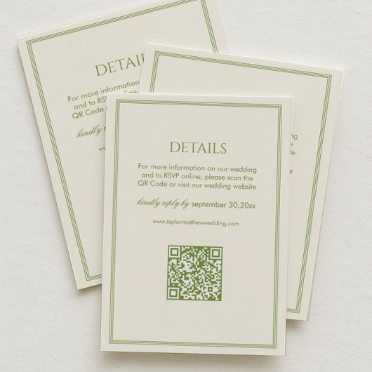 Weiße und grüne Hochzeitsdetails Qr Code Begleitkarte