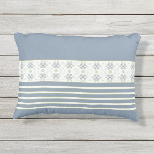 Weiße und grüne Streifen mit blauer Blume Kissen Für Draußen (Rückseite)