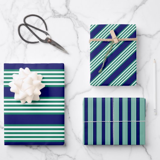 Weiße und grüne Streifen mit marineblau Geschenkpapier Set (Vorderseite)