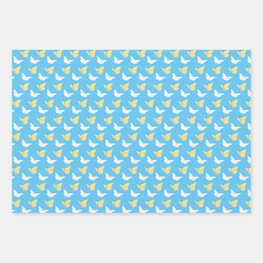 Weiße und hellgelbe Schmetterlinge fliegen blau Geschenkpapier Set (Vorderseite 3)