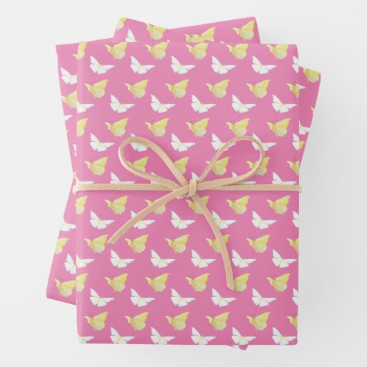 Weiße und hellgelbe Schmetterlinge fliegen pink Geschenkpapier Set (Beispiel)