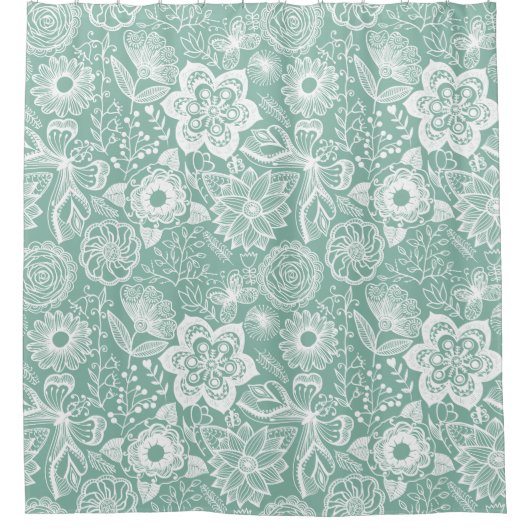 Weiße und hellgrüne Retro-Blume Duschvorhang (Vorderseite)