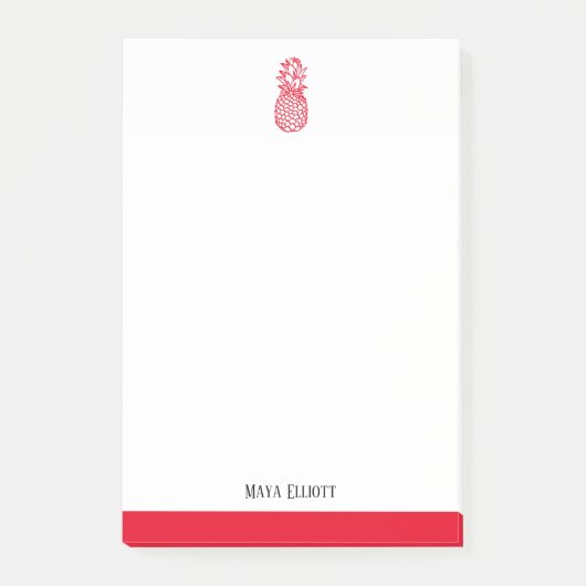 Weiße und hellrote Ananas und Grenzen, Name Post-it Klebezettel (Vorderseite)