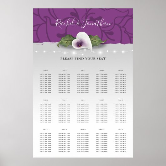 Weiße und Lila Calla Lily Wedding Seating Charts Poster (Vorne)