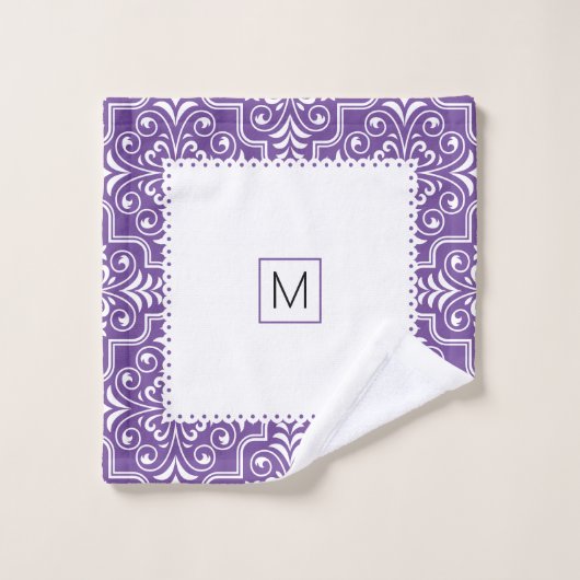 Weiße und lila Damastmuster-Rahmen Badhandtuch Set (Waschlappen)
