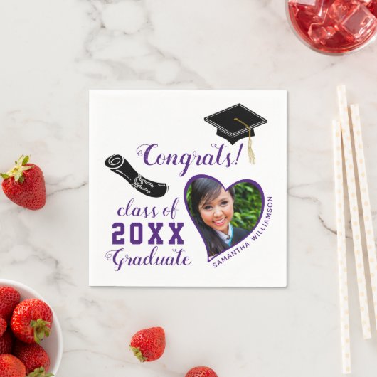 Weiße und Lila Klasse 2025 Foto Abschluss Serviette (Beispiel)