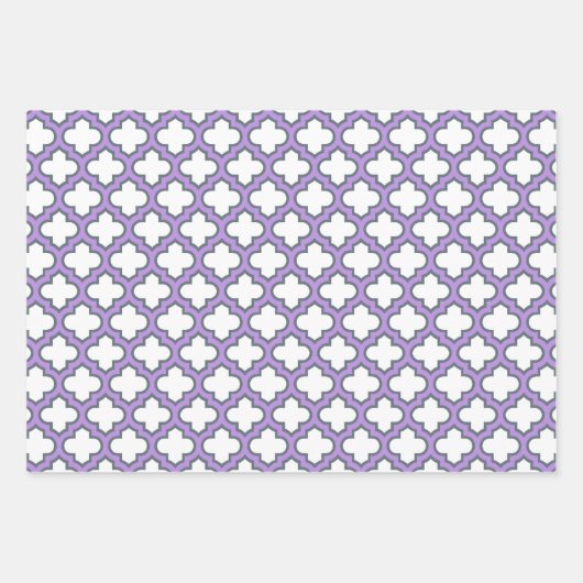 Weiße und Lila Trellis, Gitter, Quatrefolie Geschenkpapier Set (Vorderseite)