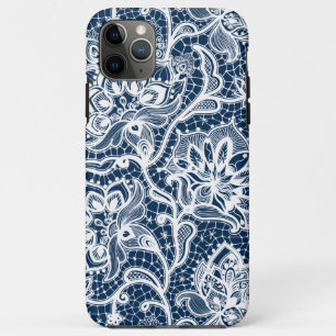 Weiße und marineblaue vintage Blumen-Spitze Case-Mate iPhone Hülle