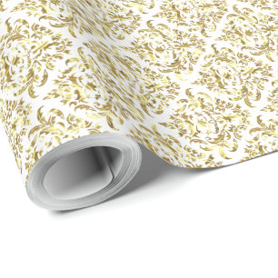 Weiße und metallische Shiny Gold Floral Damaskus Geschenkpapier