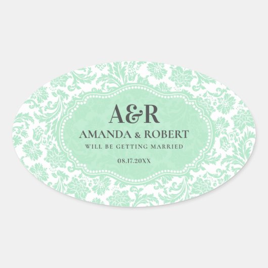 Weiße und mintgrüne Damasken Save the Date Ovaler Aufkleber (Vorderseite)
