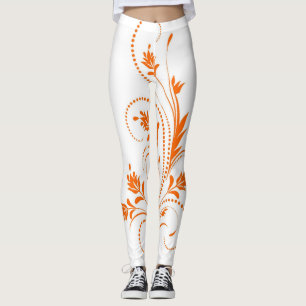 Weiße und orange Damast-Schriftrollen-Blumenmuster Leggings