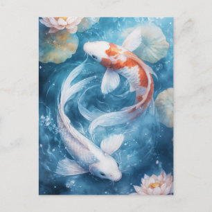 Weiße und orangefarbene Koi-Fische wirbeln im Lotu Postkarte