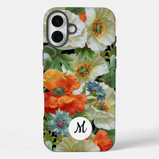 Weiße und orangefarbene Mohnblumen auf schwarzem f Case-Mate iPhone Hülle (Rückseite)