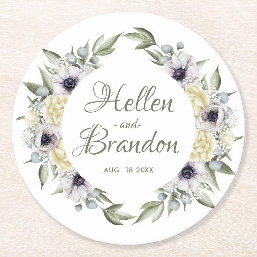 Weiße und pfirsichfarbene Blume Runder Pappuntersetzer (Vorderseite)