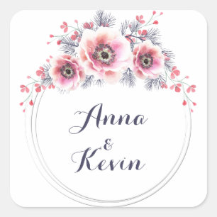 Weiße und rosa Anemone, Kranz der Blume. Quadratischer Aufkleber