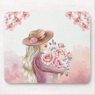 weiße und rosa Aquarell-Vintage-Lady-Floral-beau Mousepad