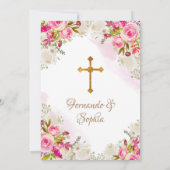 Weiße und rosa Blume Taufe Fiesta Twin Einladung (Rückseite)