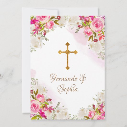 Weiße und rosa Blume Taufe Fiesta Twin Einladung (Rückseite)