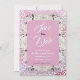 Weiße und rosa Blume und Schablonen SAVE THE DATE  Einladung