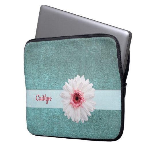 Weiße und rosa Daisy auf Türkis Laptopschutzhülle (Vorderseite Links)
