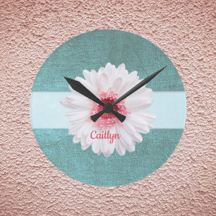 Weiße und rosa Daisy auf Türkis Runde Wanduhr