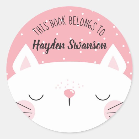 Weiße und rosa Katze | Dieses Buch gehört Runder Aufkleber (Vorderseite)