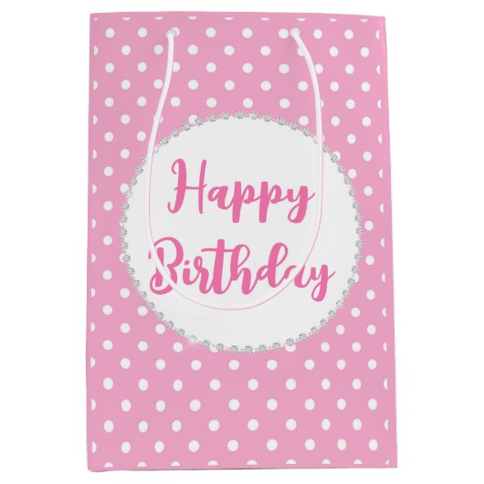 Weiße und rosa Polka Dots and Diamonds Birthday Mittlere Geschenktüte (Vorderseite)