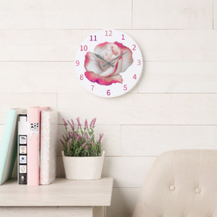 Weiße und rosa Rose - Pastellkunst Große Wanduhr